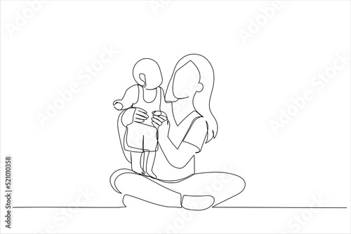 Cartoon of Mother and her child baby girl playing in the summer day. Single continuous line art style