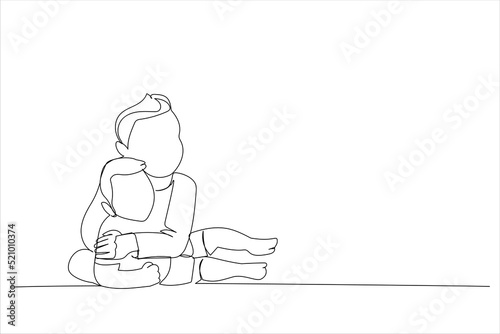 Cartoon of baby and his brother on bed. Single continuous line art style