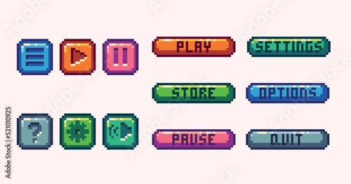 Interface menu buttons pixel art set. Menu panel collection. Play, pause, store, settings, options, quit. 8 bit sprite. Game development, mobile app. Isolated vector illustration.	