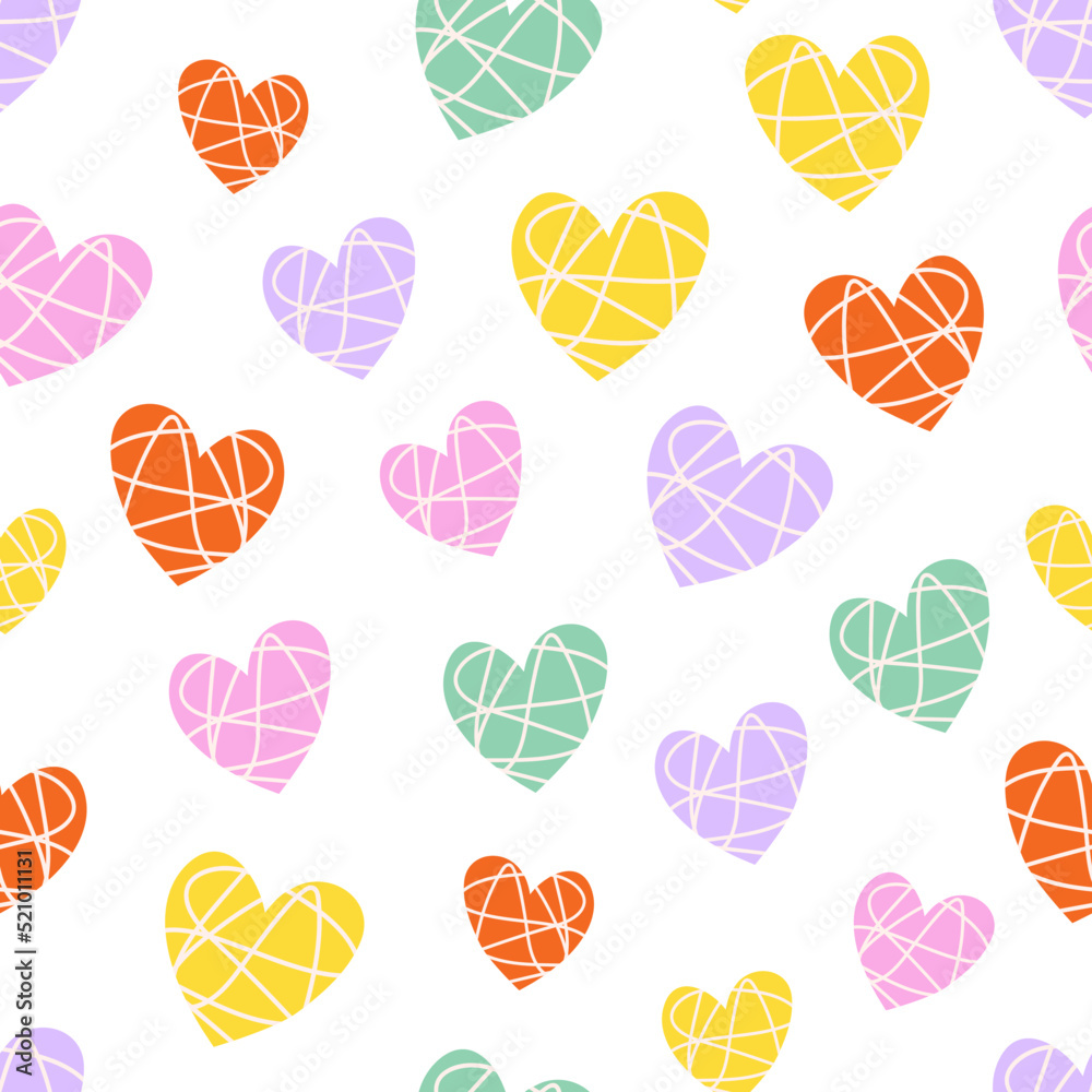 Colorful abstract hearts seamless pattern. Hand drawn doodle shapes background. 90s viibes texture for textile, cover, wrapping paper, wallpaper design