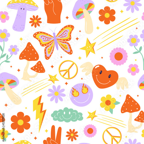 Seamless vector pattern with colorful groovy elements. 70s, 80s, 90s vibes funky background. Retro texture for wallpaper, wrapping paper, textile and other designs
