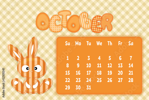 October 2023 Page for kids calendar in funny textile style with cartoon rabbit. Children's horizontal wall calendar template