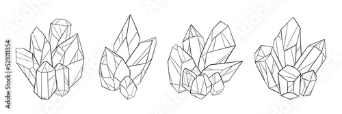 Vector set of large crystals. Collection of gemstone in line art style. Hand drawn graphic geometric diamonds