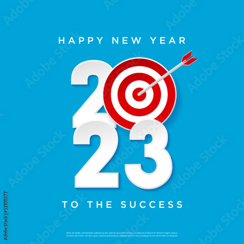 Happy New Year 2023 concept. Greeting card and round target with arrow. square background.