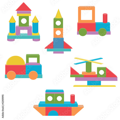 set Construction of Transport from colored wooden cubes, vector isolated illustration in the flat style