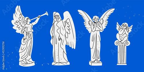 Set of various marble Statues. Sculptures with wings. Antique statue with horn. Statues of angels, cupid, cherub. Hand drawn modern Vector illustration. Cartoon style. All elements are isolated