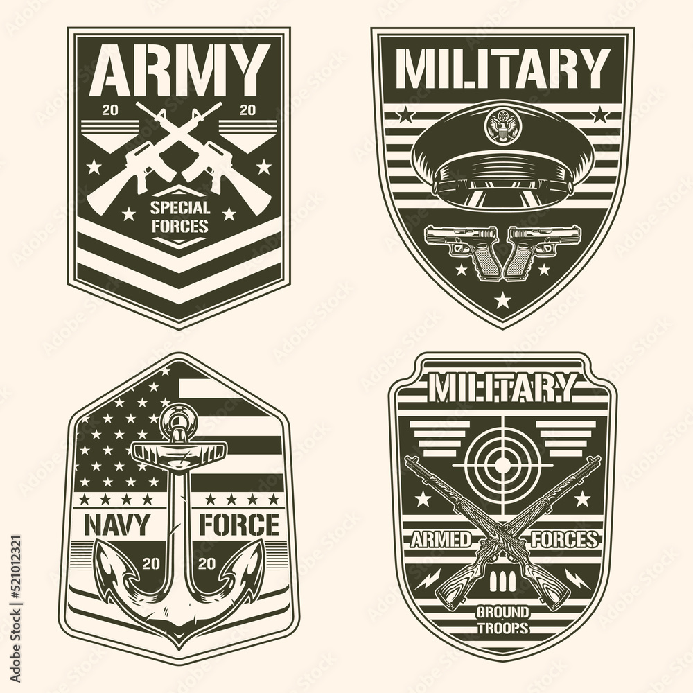 Military army set flyer vintage monochrome Stock ベクター | Adobe Stock