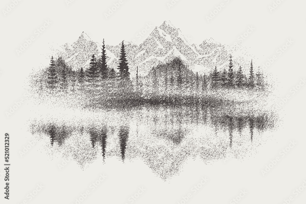Forest and mountains are reflected in the lake, vignette. Vector sketch, imitation of a pencil drawing.