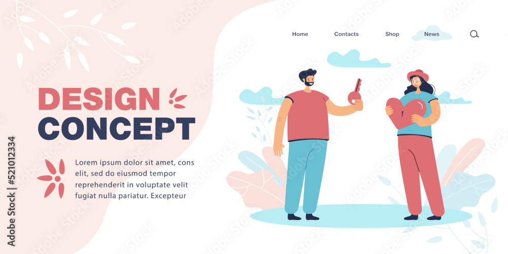 Man holding key from girls heart flat vector illustration. Girl holding heart with keyhole. Couple confessing their love. Romantic relationship concept for banner, website design or landing web page