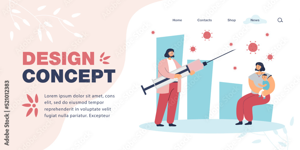 Mother with child and medical professional with huge syringe. Family getting vaccinated flat vector illustration. Vaccination, coronavirus, health concept for banner, website design or landing page Mother with child and medical professional with huge syringe. Family getting vaccinated flat vector illustration. Vaccination, coronavirus, health concept for banner, website design or landing page