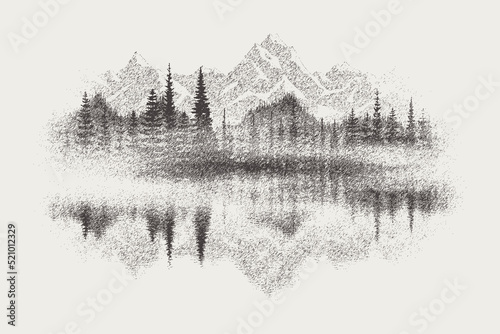 Forest and mountains are reflected in the lake, vignette. Vector sketch, imitation of a pencil drawing.