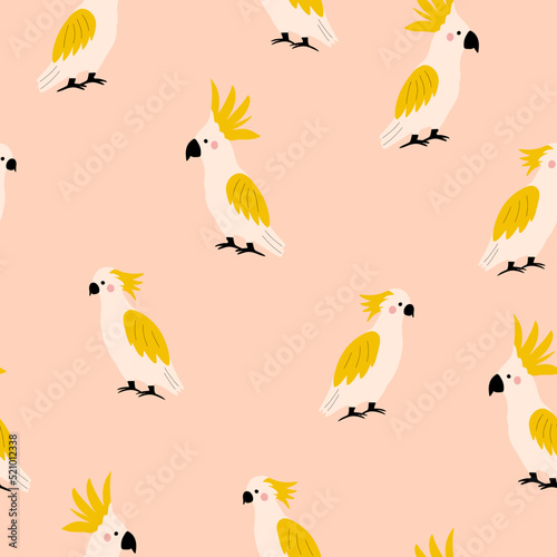 Hawaiian trendy seamless pattern with cockatoo. Background with birds of paradise. Hand drawn vector illustration. Summer design for fabric, wallpaper, wrapping paper, backgrounds and decor.