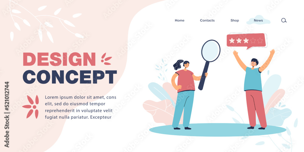 Manager examining customer reviews of product or service. Person with magnifying glass and happy client flat vector illustration. Satisfaction rating, communication concept for banner, website design Manager examining customer reviews of product or service. Person with magnifying glass and happy client flat vector illustration. Satisfaction rating, communication concept for banner, website design