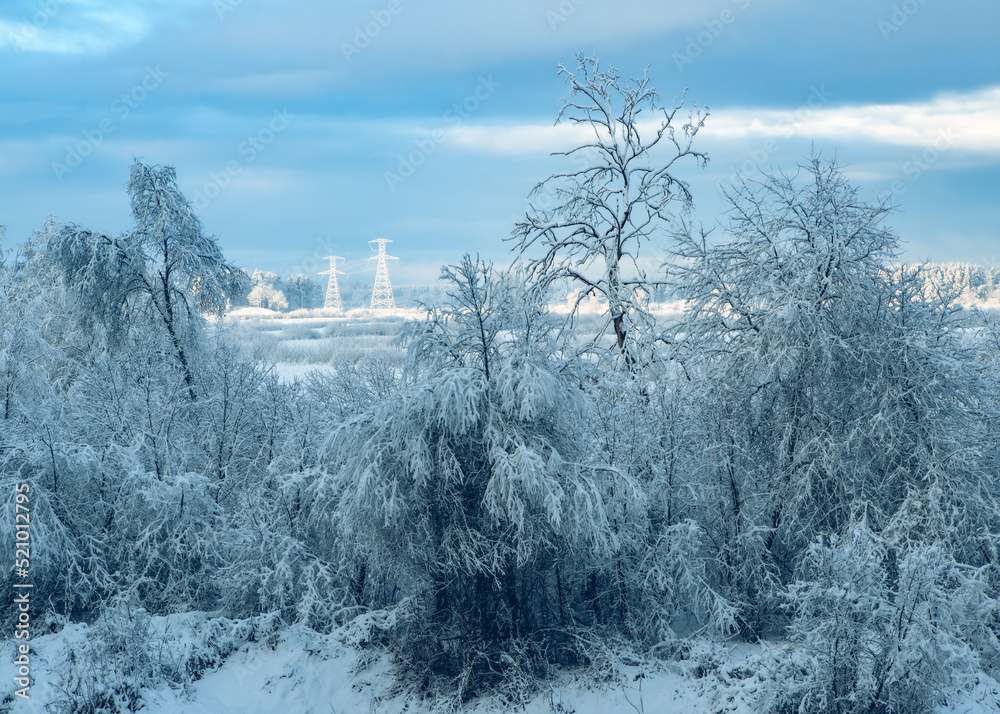 Beautiful winter landscape. Snow on trees. Power line tower