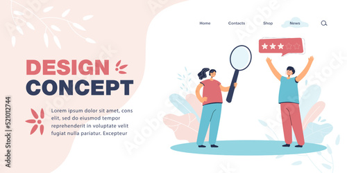 Manager examining customer reviews of product or service. Person with magnifying glass and happy client flat vector illustration. Satisfaction rating, communication concept for banner, website design © SurfupVector