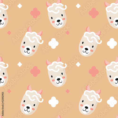 Cute sheep face seamless pattern, lamb muzzle, head. Cartoon vector illustration. Kid texture, background, wallpapers, ornament. Childish design of wrapping paper, fabric, textile, graphic, print