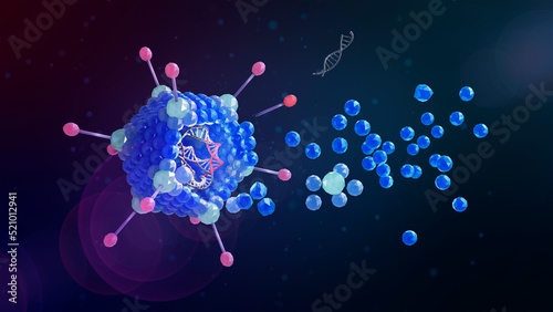 In genetic engineering a genetically modified virus can be used for gene therapy or vaccinations. Here an adenovirus with manipulated double-stranded DNA. 3d conceptual illustration photo