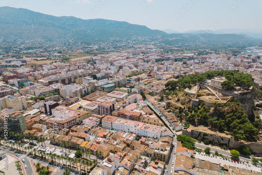 Aerial view of Denia, Alicante, Spain. Summer tourist destination, city.