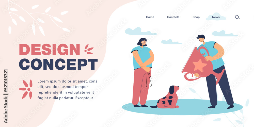 Man giving prize to dog for winning in competition. Happy female owner receiving gold cup for first place flat vector illustration. Victory concept for banner, website design or landing web page