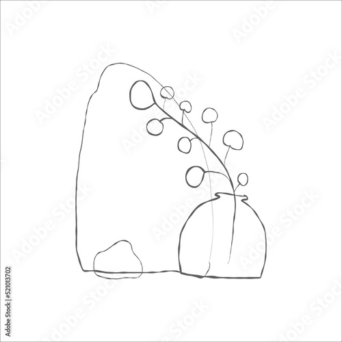 Grass Stem in a vase and stones. Hand drawn illustration. Linear art print for t-shirt design, shopper and home decor