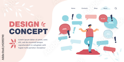 Man standing in tree pose surrounding by text bubbles. Person staying focused in flow of information flat vector illustration. Calm, technology concept for banner, website design or landing web page