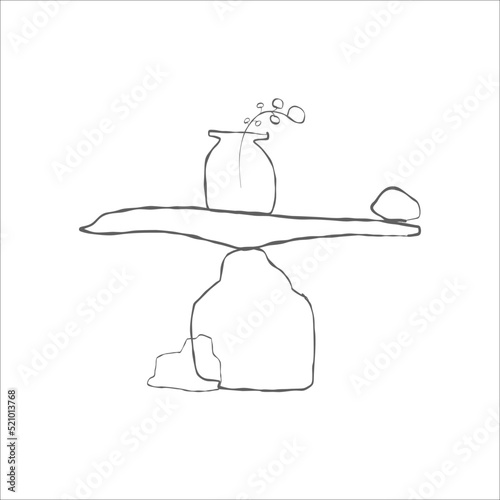 Herbs in a vase and stones. Hand drawn illustration. Linear art print for t-shirt design, shopper and home decor