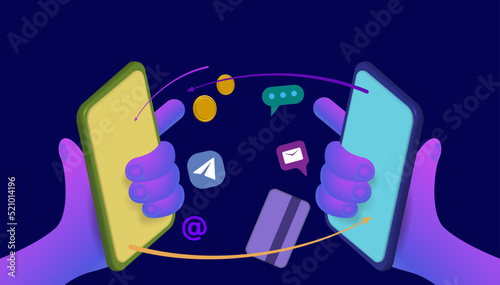 Communication between people using a smartphone,
 icons and apps. Horizontal vector banner.