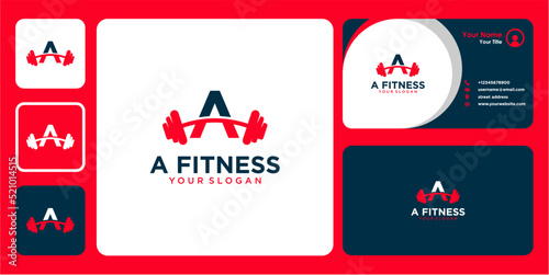 letter a logo design with fitness or barbell and business card