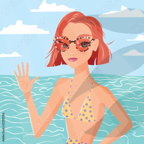 Beautiful young woman with short red hair, sunglasses and in bathing suit waving in front of ocean and clear blue sky. Colorful vector illustration.