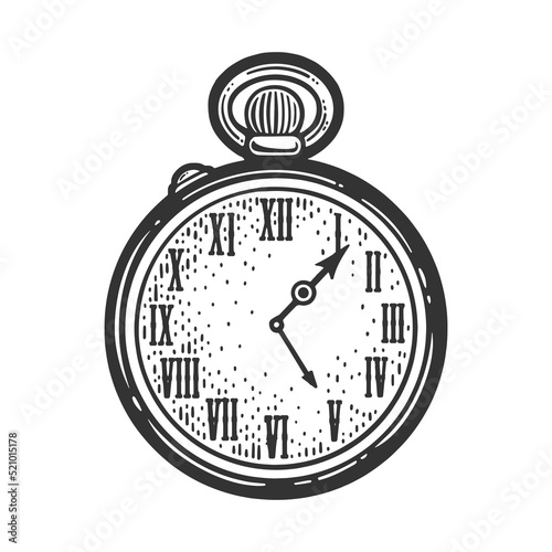 vintage pocket gold watch sketch engraving vector illustration. Scratch board imitation. Black and white hand drawn image.
