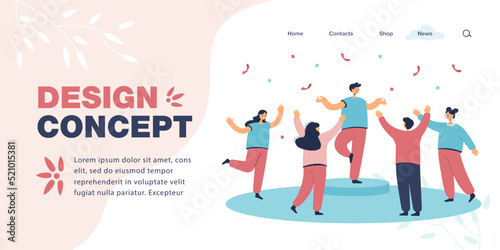 Leader standing on one foot surrounding by his team. People congratulating winner, raising hands flat vector illustration. Win, victory concept for banner, website design or landing web page