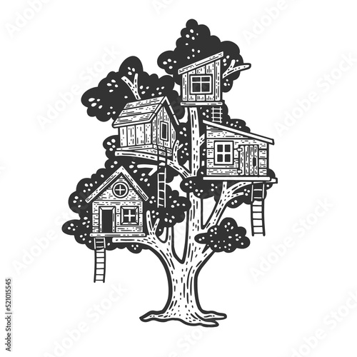 Wooden children tree houses on tree sketch engraving vector illustration. Scratch board imitation. Black and white hand drawn image.