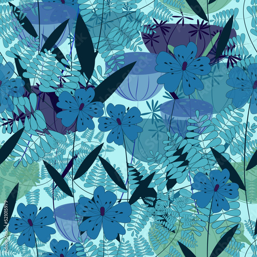 Seamless vector pattern turquoise thickets. Floral pattern on a light mint background.