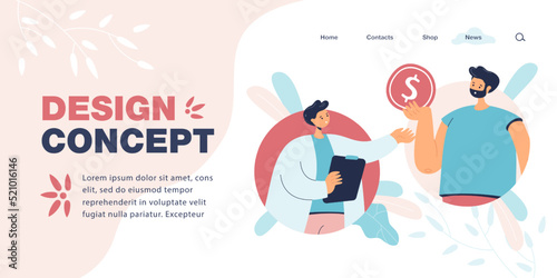 Man giving gold coin to doctor flat vector illustration. Patient paying for visiting therapist or medical examination. Medicine, money concept for banner, website design or landing web page