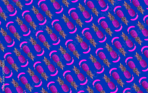 Seamless pineapple and banana pattern illustration  blue background - stock illustration