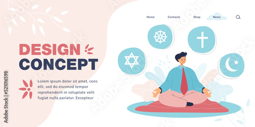Student or worker learning about different religions. Man with Judaism  Buddhism  Christianity and Islam symbols flat vector illustration. Religion  education concept for banner or landing web page