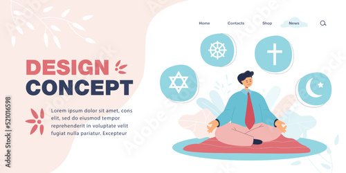 Student or worker learning about different religions. Man with Judaism, Buddhism, Christianity and Islam symbols flat vector illustration. Religion, education concept for banner or landing web page