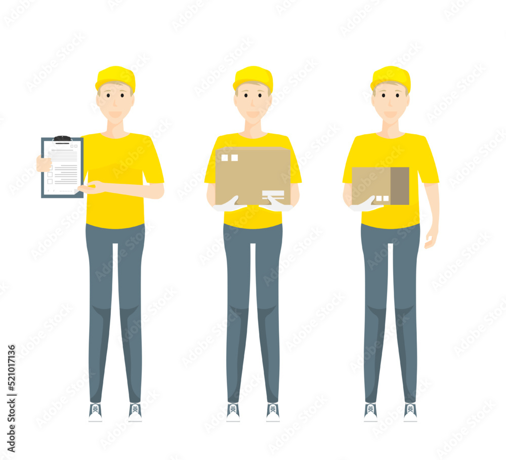 Obraz premium Cartoon young man standing design, Delivery man carrying box on isolated background, Vector illustration.