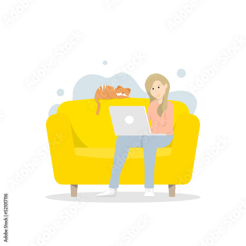 Freelance work at home relaxing on sofa with cat, Digital marketing illustration.