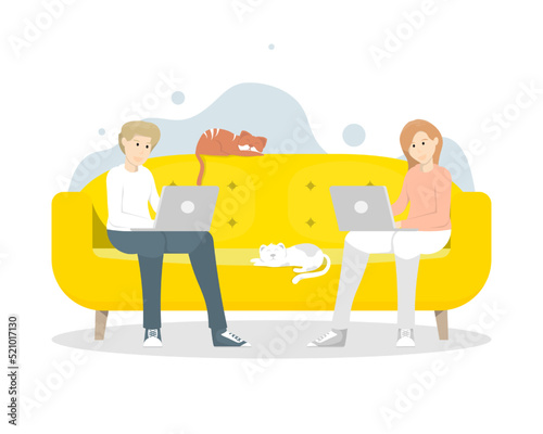 Young people sitting with laptop, Freelance work at home relaxing on sofa with cats, Digital marketing illustration.