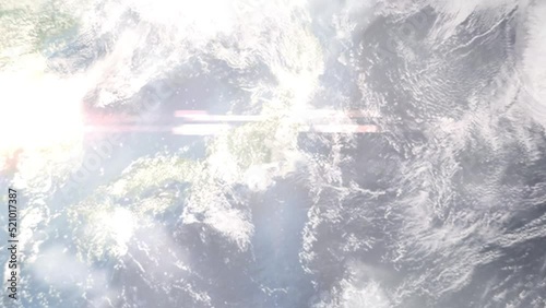 Earth zoom in from outer space to city. Zooming on Sayama, Saitama, Japan. The animation continues by zoom out through clouds and atmosphere into space. Images from NASA photo