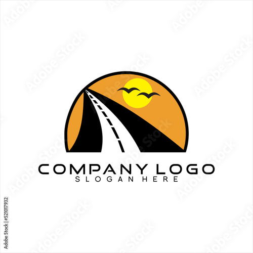 Asphalt highway logo template vector with sunrise background and flying birds.