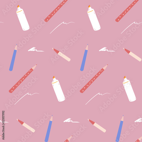 Stationery seamless pattern, pen and pencils, marker on pink background photo