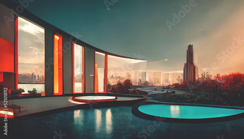Abstract futuristic future city  beautiful sunset. Urban modern landscape. High-rise buildings. Unreal world. 3D illustration.