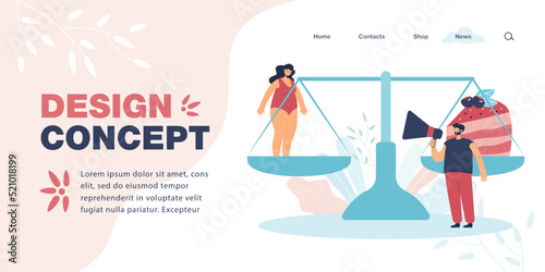 Woman and piece of cake on scale flat vector illustration. Man with loud speaker warning fat person about obesity. Healthcare, diet concept for banner, website design or landing web page