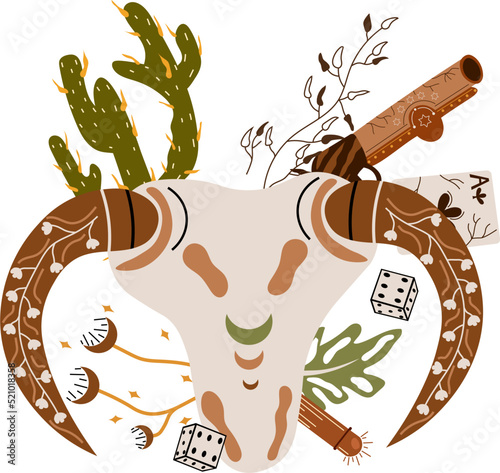 Wild west poster with an animal skull, gun, playing cards, dice, cactus. Further Old West in flat style. Vector illustration.
