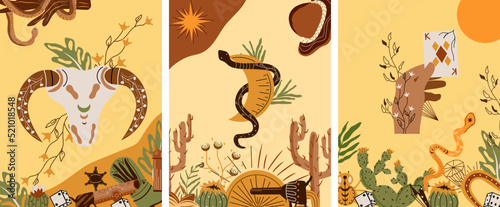 Set a Wild West poster with an animal skull, a mystical snake around the moon, a cowboy hat, a gun, a hand holding a cards, and more. Further Old West in flat style. Vector illustration.