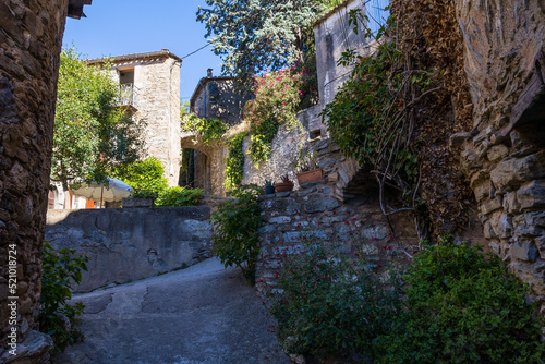 Ruelle et maisons du village médiéval de Vieussan dans le Parc naturel du Haut-Languedoc
