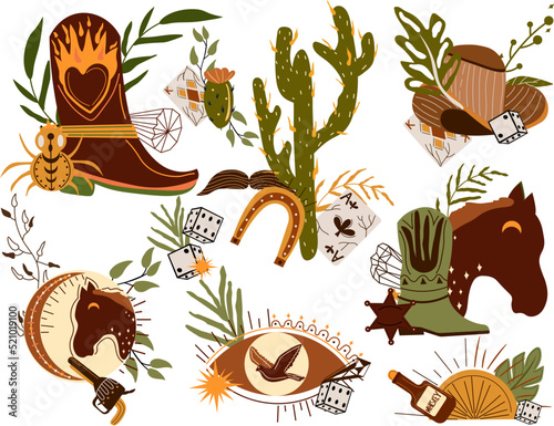 Set a Wild West composition with cowboy hat, playing cards, wild horse head, dice, flying eagle and others. Further Old West in flat style. Vector illustration
