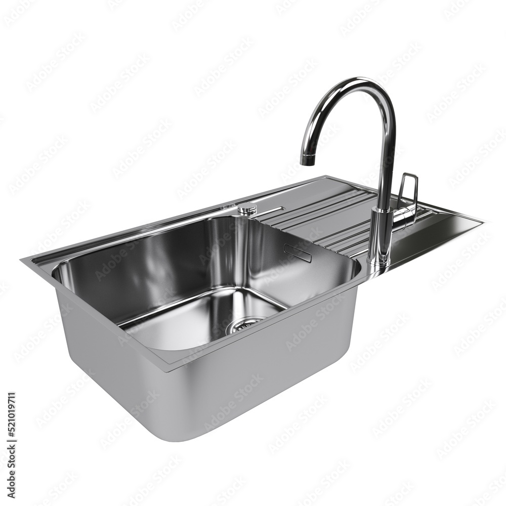 Kitchen sink made of stainless steel. Side view of sink with kitchen